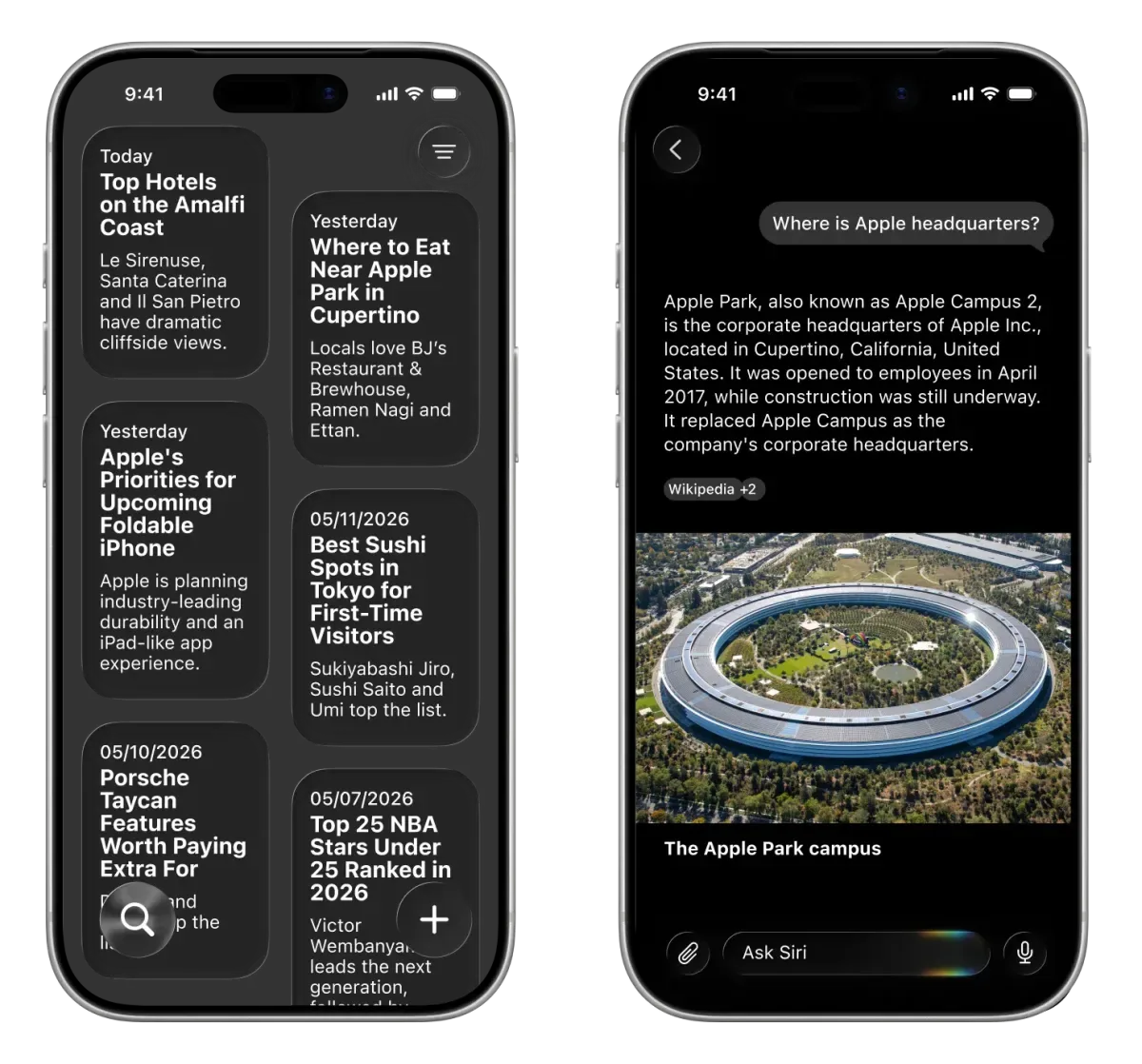 Interfața Siri integrată în iOS 27, cu animații și căutări avansate.