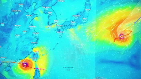 Harta prognozelor meteo cu taifunul Delfin în Asia de Est.