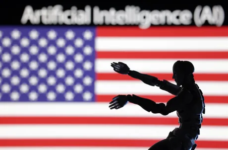Un robot stilizat în fața steagului american, simbolizând tehnologia AI.