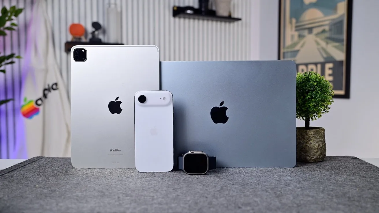 Dispozitive Apple diverse, inclusiv iPad și MacBook, pe un fundal modern.