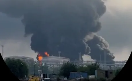Fum gros și flăcări de la o rafinărie din Sankt Petersburg.