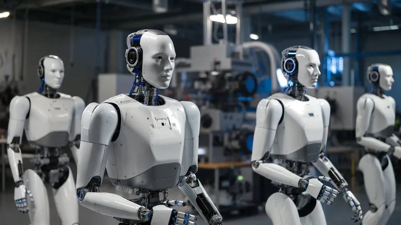 Robot umanoid în uzină, pregătit pentru logistică și producție.