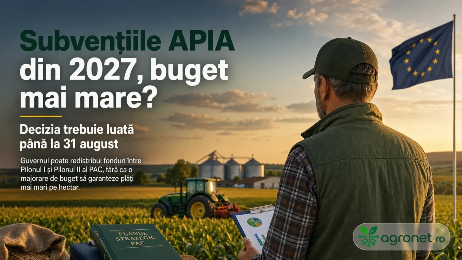 Un fermier analizează planurile agricole în câmp, cu utilaje și silozuri în fundal.