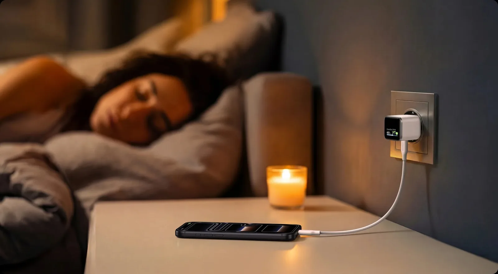 Încărcător conectat la telefon pe o noptieră lângă o persoană care doarme.