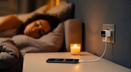 Încărcător conectat la telefon pe o noptieră lângă o persoană care doarme.