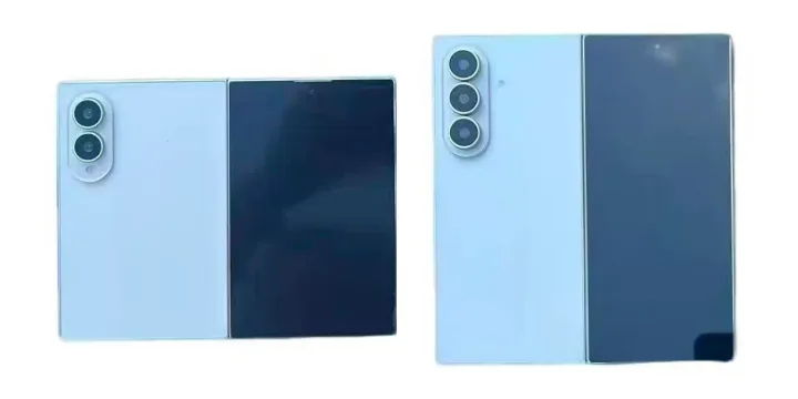 Comparație între două modele Galaxy Z Fold 8, evidențiind diferența de lățime.