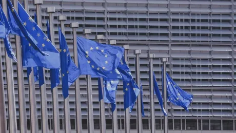 Steaguri ale Uniunii Europene fluturând în fața unei clădiri moderne.
