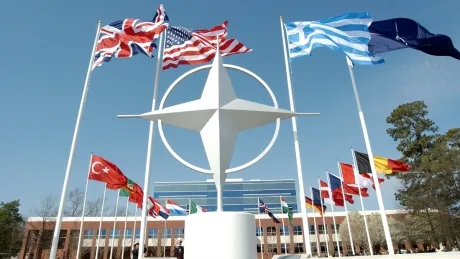 Steaguri ale țărilor membre NATO fluturând în fața sediului alianței.