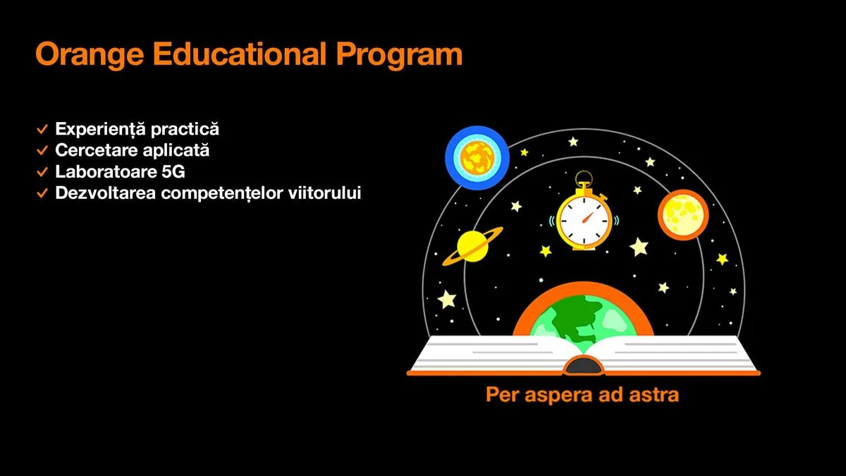 Program educațional Orange pentru studenți, promovând cercetarea și practica în domeniul tehnologiilor avansate.