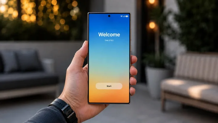 Interfața One UI 9.5 pe un telefon Galaxy, cu un design modern și culori vibrante.