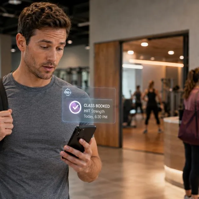 Un bărbat verifică rezervarea pe telefon într-o sală de fitness modernă.
