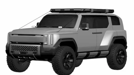 Un SUV off-road cu design robust și grilă aproape închisă, sugerând propulsie electrică.