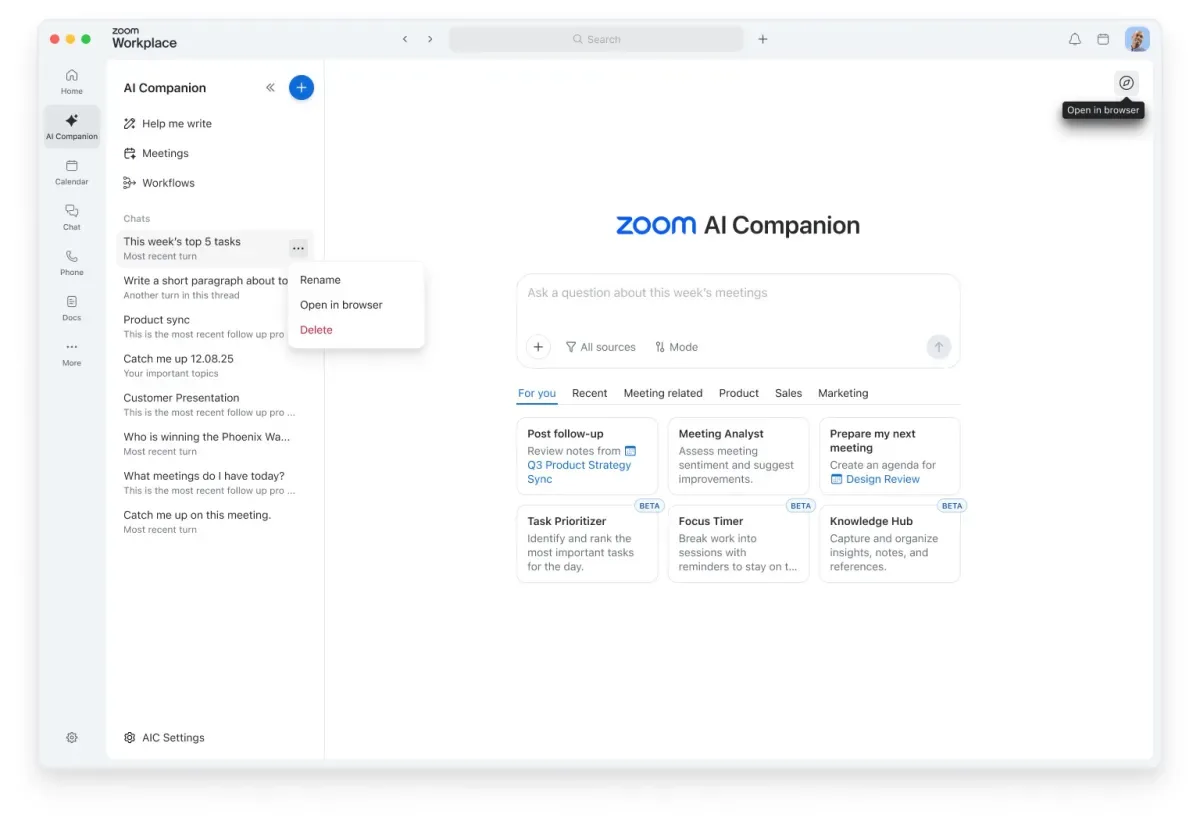 Zoom AI Companion oferind sugestii pentru întâlniri.