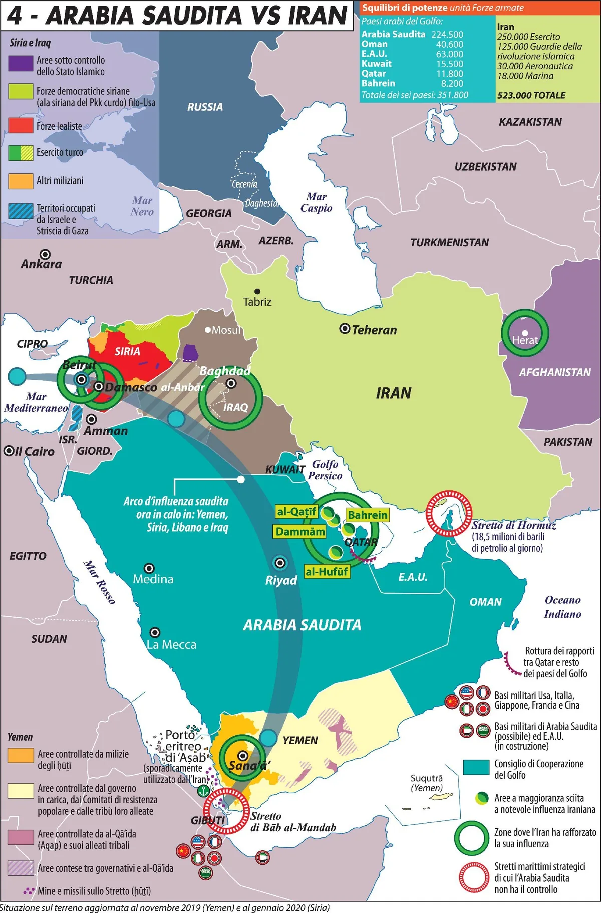 Hartă a regiunii Golfului Persic, evidențiind Arabia Saudită și Iranul.