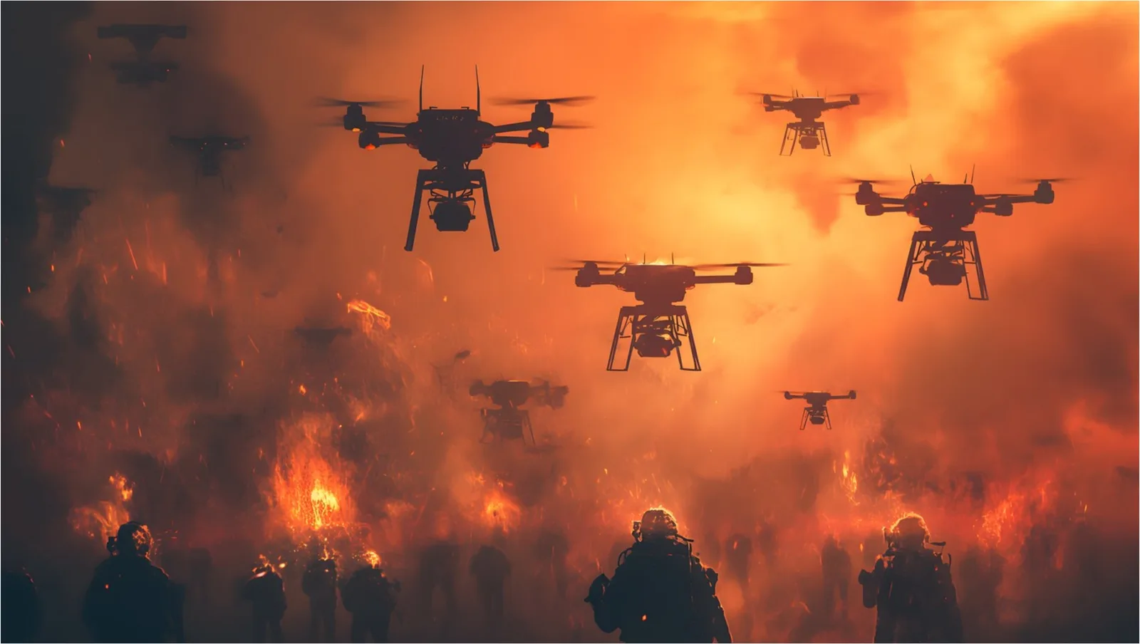 Dronele zboară peste un peisaj devastat de război, simbolizând schimbările în strategia militară.