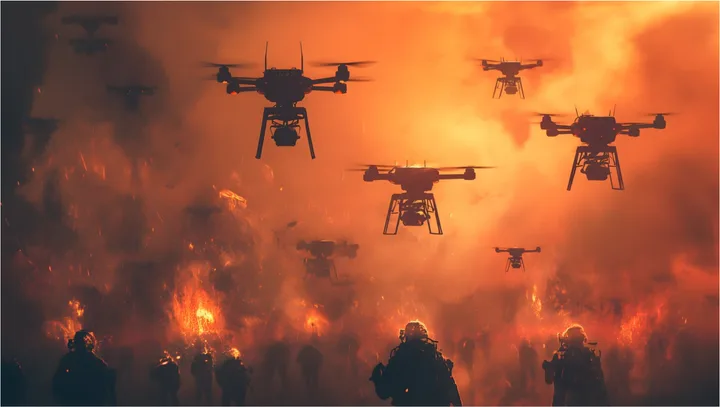 Dronele zboară peste un peisaj devastat de război, simbolizând schimbările în strategia militară.
