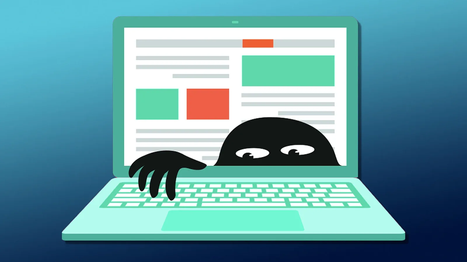 Un hacker își întinde mâna spre un laptop, simbolizând amenințările cibernetice.