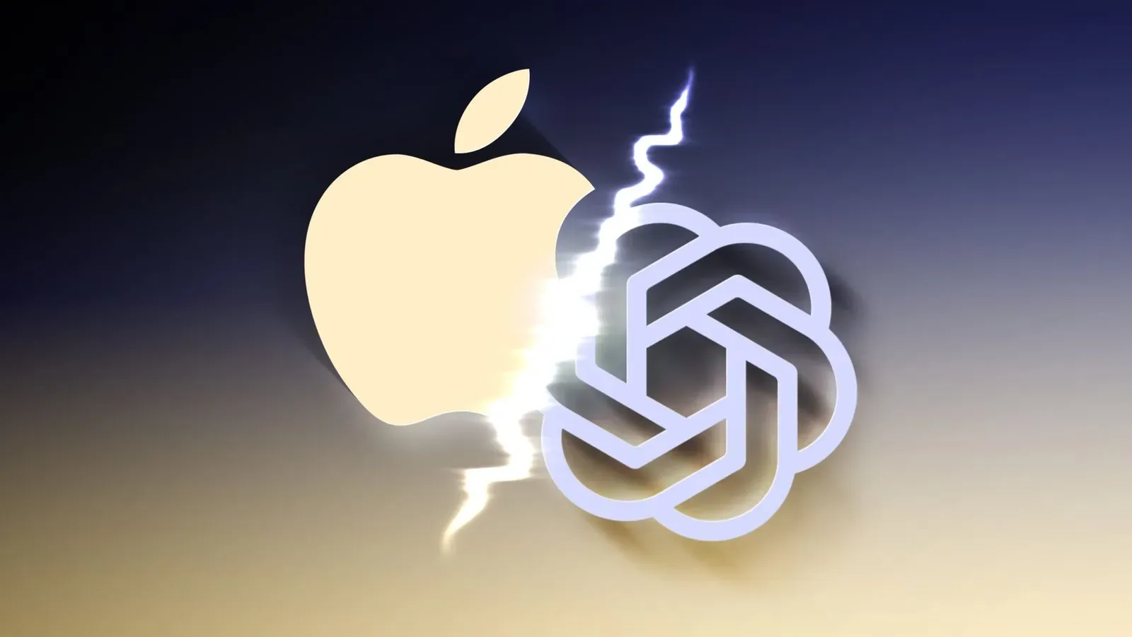 Logo-urile Apple și OpenAI combinate, simbolizând competiția pe piața AI.