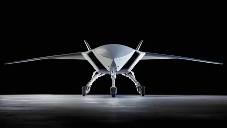 Drona MQ-28 Ghost Bat Block 3 cu design futurist și aripi extinse.
