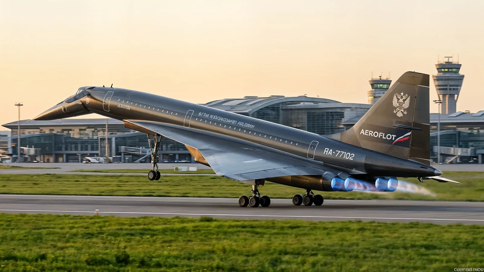Avion supersonic în timpul decolării, cu aeroportul în fundal.