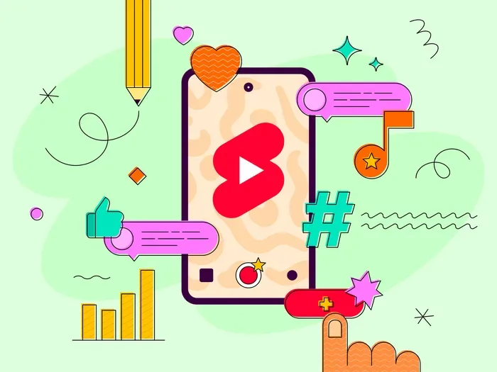 Ilustrație colorată despre algoritmii YouTube și interacțiunile utilizatorilor.