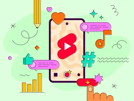 Ilustrație colorată despre algoritmii YouTube și interacțiunile utilizatorilor.