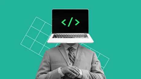 Un dezvoltator cu un laptop, simbolizând inovația în programare și inteligența artificială.