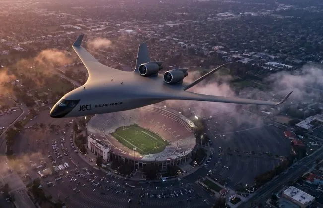 Aeronava Jet1 în zbor, cu un design inovator și motoare eficiente.