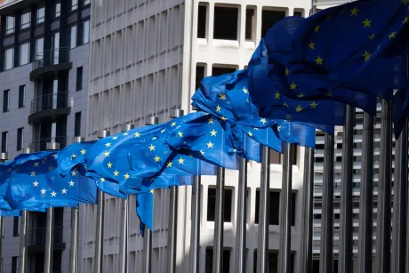 Steaguri ale Uniunii Europene fluturând în vânt lângă o clădire modernă.