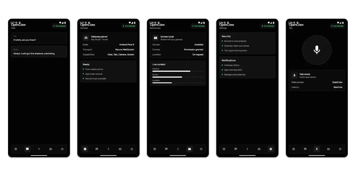 Aplicația OpenClaw pe Android, cu interfață minimalistă și probleme de conectare.