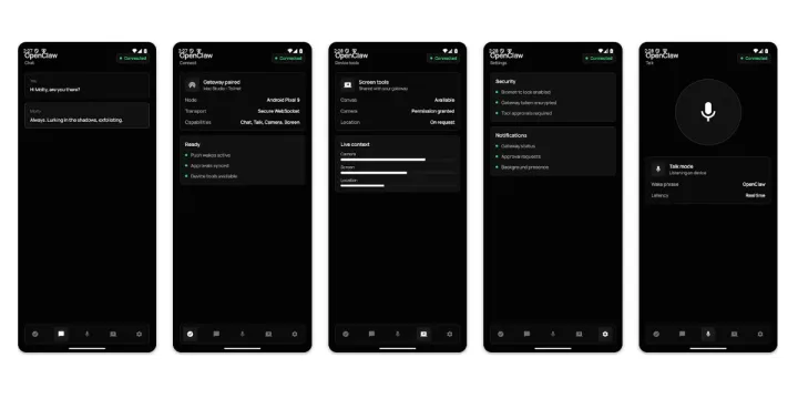 Aplicația OpenClaw pe Android, cu interfață minimalistă și probleme de conectare.