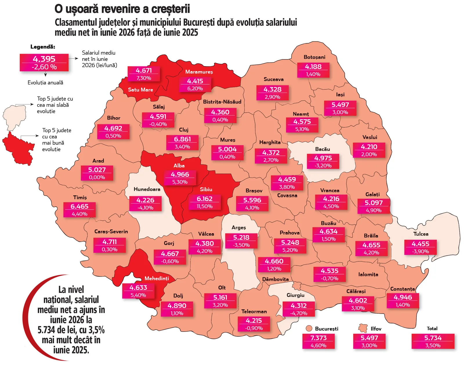 Harta României evidențiază salariile medii nete pe județe în 2026.