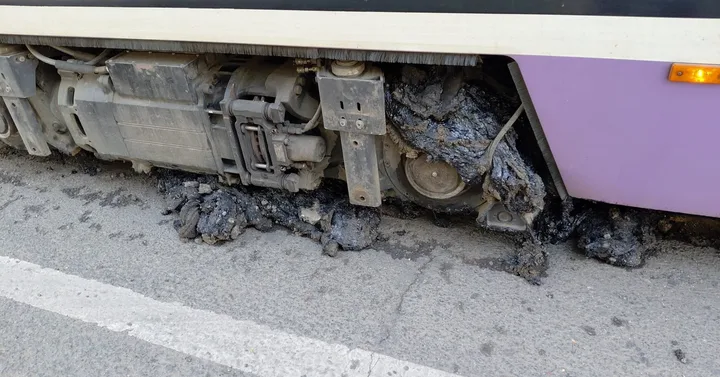 Mastic topit acumulat pe roțile unui tramvai în Timișoara.