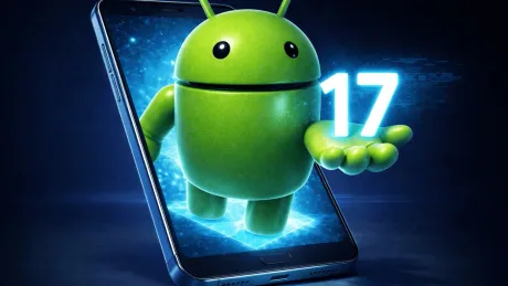 Logo Android cu numărul 17 pe un telefon mobil.