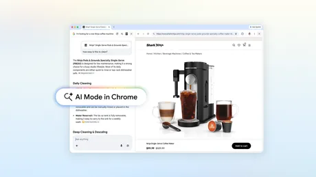 Interfața AI Mode în Chrome cu produse de cafea.