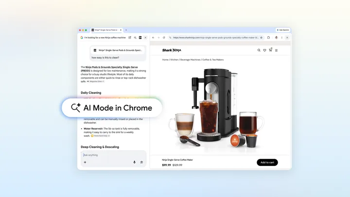 Interfața AI Mode în Chrome cu produse de cafea.