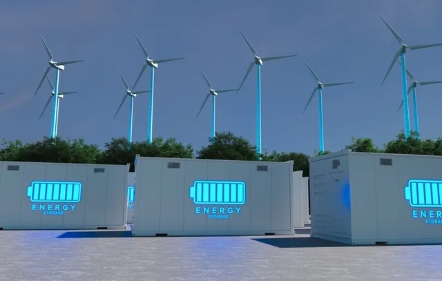 Proiect de stocare a energiei în baterii la Călan, cu turbine eoliene în fundal.