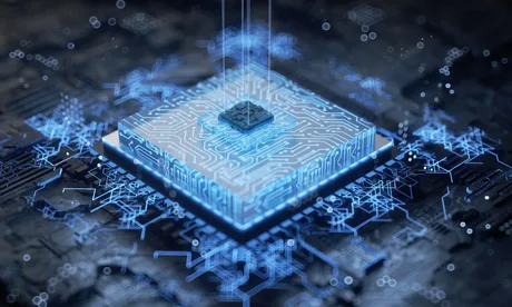 Cipuri electronice cu circuite integrate pe un fundal tehnologic avansat.