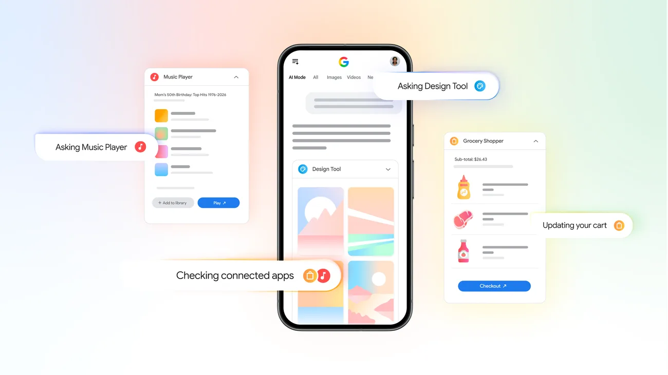 Interfața Google Search cu aplicații conectate pentru diverse servicii.