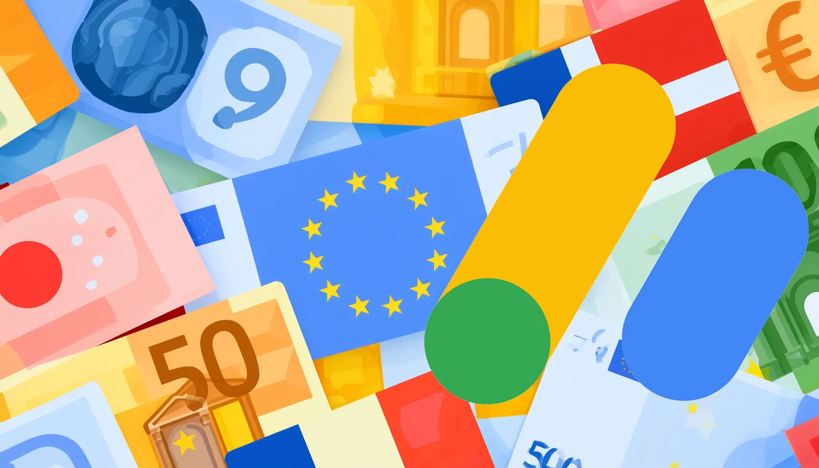 Bancnote și simboluri ale monedei euro pe un fundal colorat.