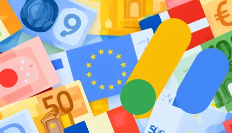 Bancnote și simboluri ale monedei euro pe un fundal colorat.