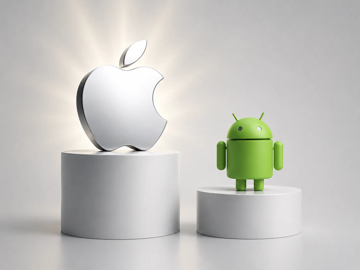 Logo-ul Apple strălucitor alături de un robot Android pe un suport.