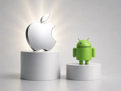Logo-ul Apple strălucitor alături de un robot Android pe un suport.