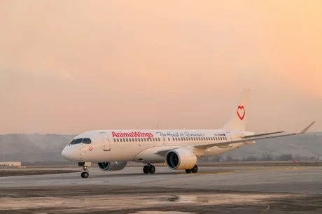 Avion AnimaWings pe pistă, pregătit pentru decolare la apus.