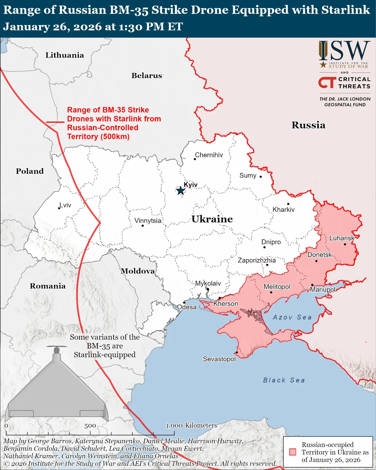 Harta arată raza de acțiune a dronelor BM-35 în Ucraina.