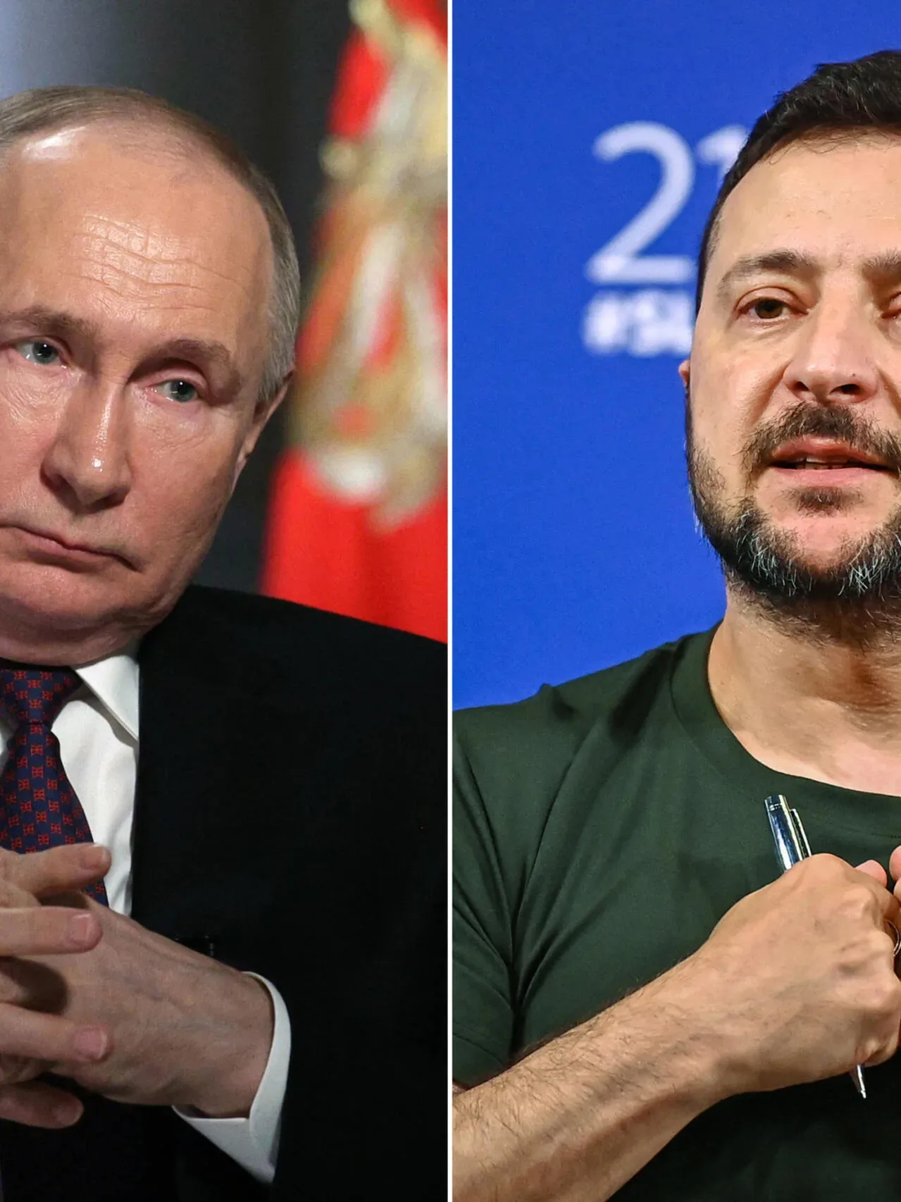 Vladimir Putin și Volodimir Zelenski discutând despre negocieri.