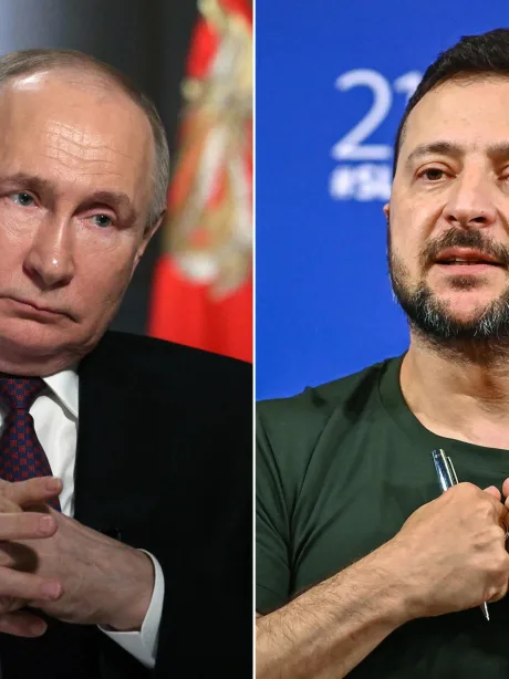 Vladimir Putin și Volodimir Zelenski discutând despre negocieri.