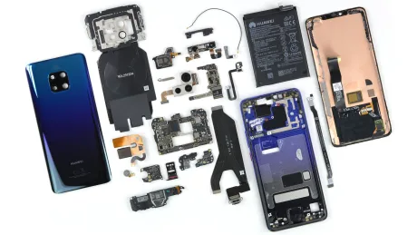 Telefoane demontate și componente electronice dispersate pe o masă.