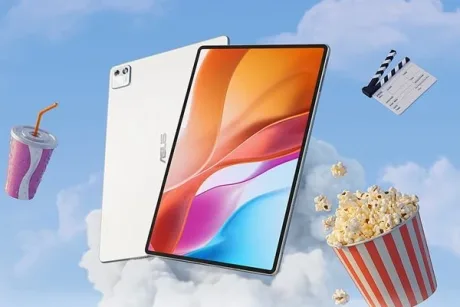 Tableta ASUS Pad T3201M5A plutește printre nori, înconjurată de obiecte multimedia.