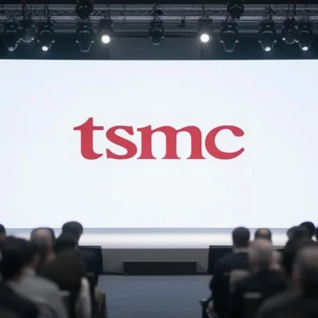 Logo TSMC pe un ecran mare, în fața unui public atent.
